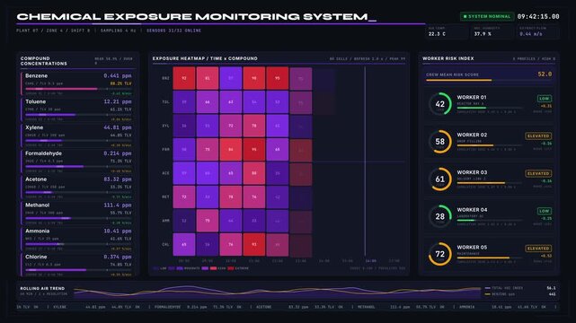 A dark-mode chemical exposure dashboard displaying airborne concentrations, limits, and worker risk with vibrant heatmap and detailed metrics in a modern layout.