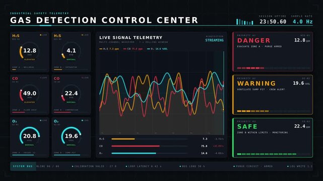 A cinematic 4K gas detection dashboard showcasing real-time toxic, combustible, and oxygen sensor readings with animated gauges and alarm notifications in a dark industrial style.