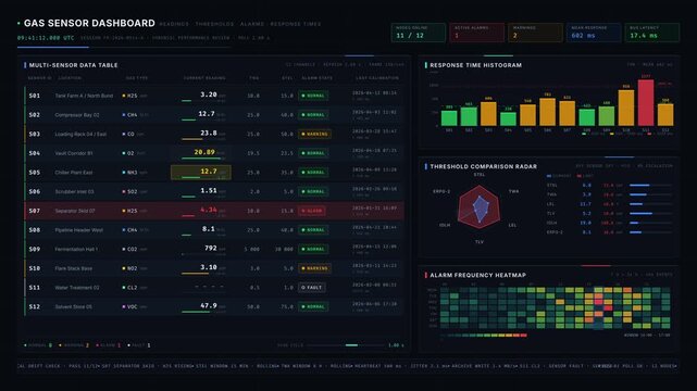 Explore an advanced gas sensor dashboard featuring real-time readings, alarm states, and performance metrics with a sleek dark design for effective monitoring in industrial settings.