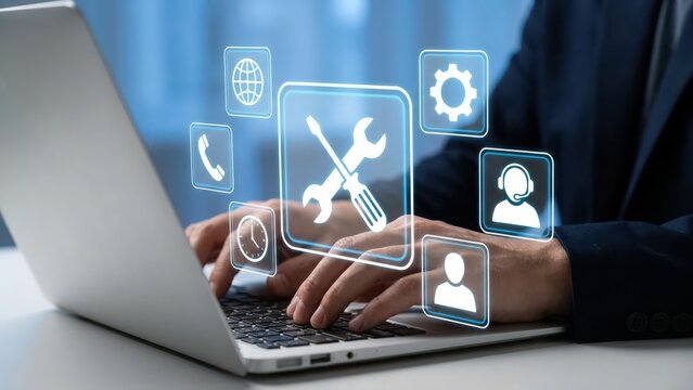 Person typing on a laptop with digital customer support and technical help icons