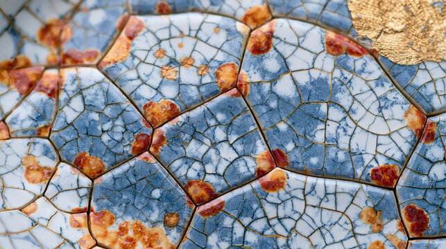 Detailed macro shot showcasing vibrant blue and orange ceramic tile crackle glaze patterns