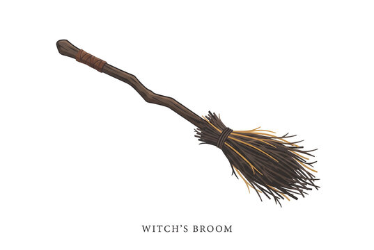 Spooky Witch Broom Vector Illustration with Magic Wooden Stick and Twigs Isolated on White Background