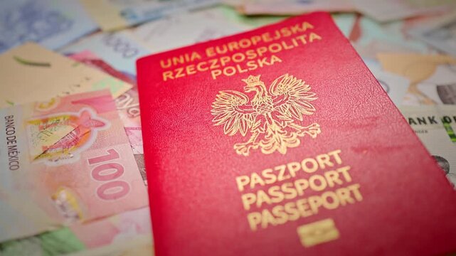 Polish Passport On International Banknotes
