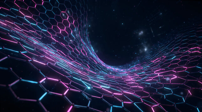 Abstract hexagonal digital network grid with glowing purple and blue light filaments honeycomb structure tech