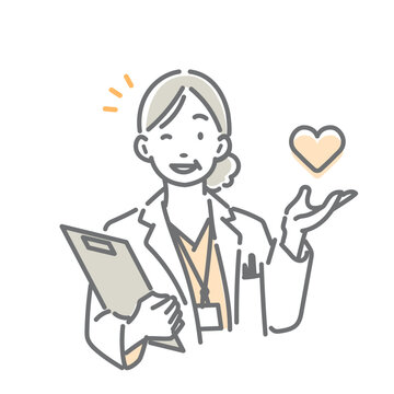 安心と信頼を提供するベテラン女性医師　シンプルでお洒落な線画イラスト