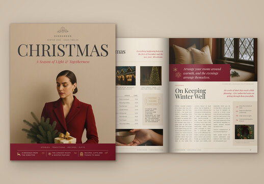 Christmas Magazine Template, Elegant Holiday Brochure & Winter Catalog, Gift Guide and Lifestyle Editorial Layout