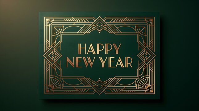 Happy New Year greeting card with gold art deco frame on dark green background