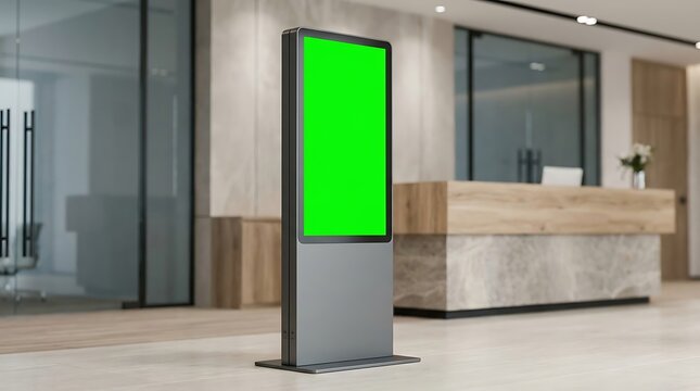 Modern digital kiosk with bright green screen standing in contemporary office lobby interior