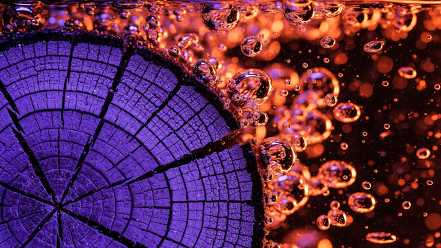 Macro orange bubbles and violet wood