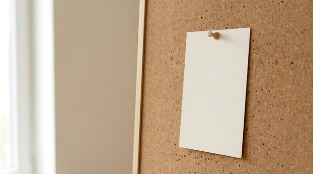 A blank white paper note pinned on a brown cork board for office memos and important daily reminders. vertical postcard mockup