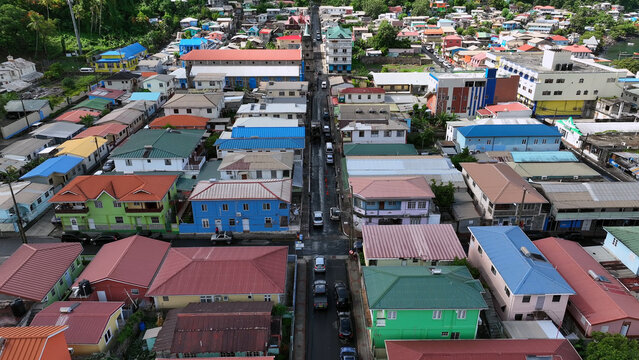 Aerial view of the town of Soufriere with colorful houses, narrow streets, and lush tropical surroundings in Soufriere, Soufriere, Saint Lucia.