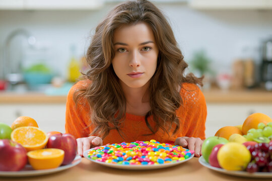 Young woman resisting colorful candy and choosing fresh fruit in kitchen  
