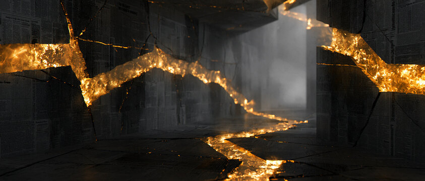 Cinematic shot of a choleric mind space with glowing cracks  