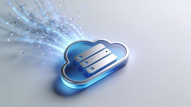 Cloud computing concept with server icon and glowing fiber optic light