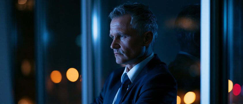 Melancholic businessman looking through an office window at night  