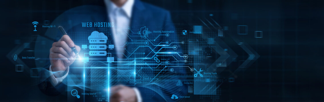 Businessman Pointing Web Hosting, high performance cloud server infrastructure and website domain hosting, secure server uptime, data center storage hosting, web server management, cloud domain server