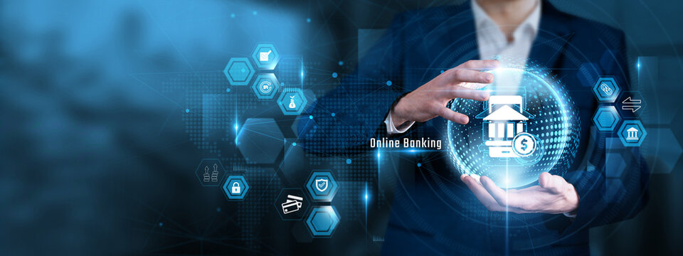 Businessman Hand Hold Online Banking and global Digital Financial Services, Mobile Money Transfer, Secure FinTech Gateway, Electronic Payment System, Electronic Wealth Management