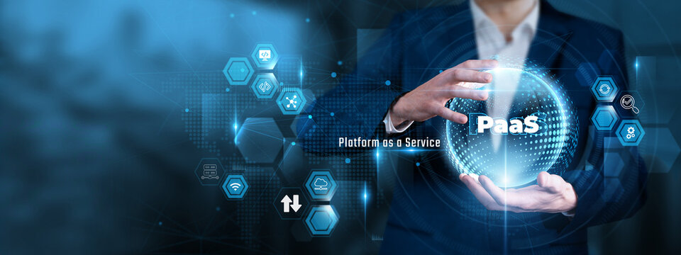 Businessman Hand Hold PaaS and global Platform as a Service, Cloud Software Development, Virtual Server Architecture, Enterprise Application Hosting, Digital Infrastructure