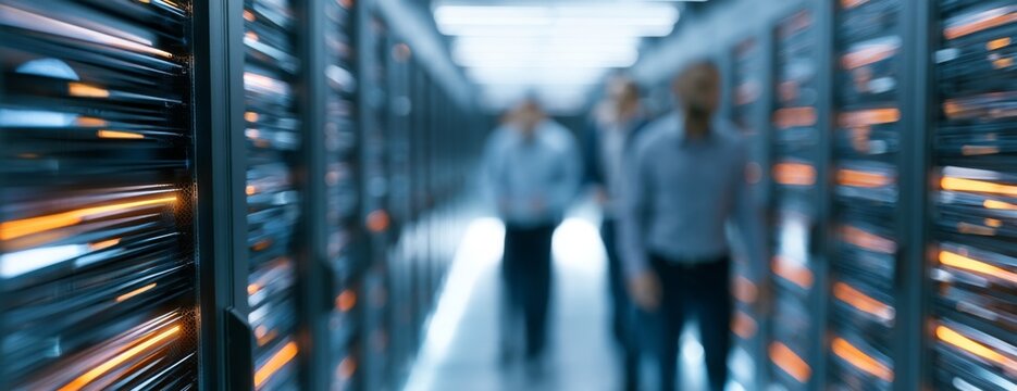 Blurred workers walking in a data center with glowing server lights  