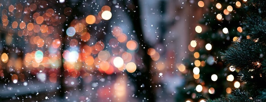 Blurry Christmas scene with bokeh lights and pine tree on city street at night  