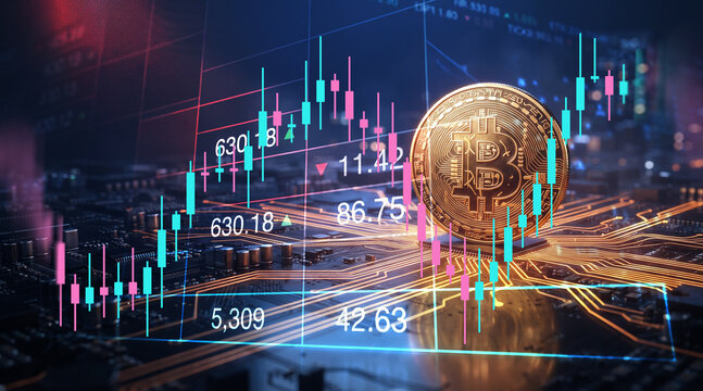 Bitcoin cryptocurrency coin standing on a technological computer motherboard with digital stock market trading charts and futuristic financial data