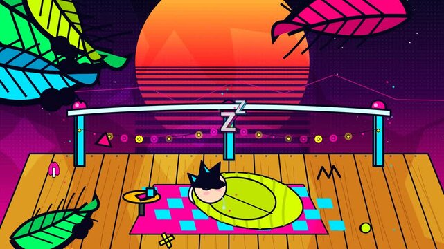 Lofi animated loop of a character sleeping on a treehouse deck with colorful leaves and a retro synthwave sunset background