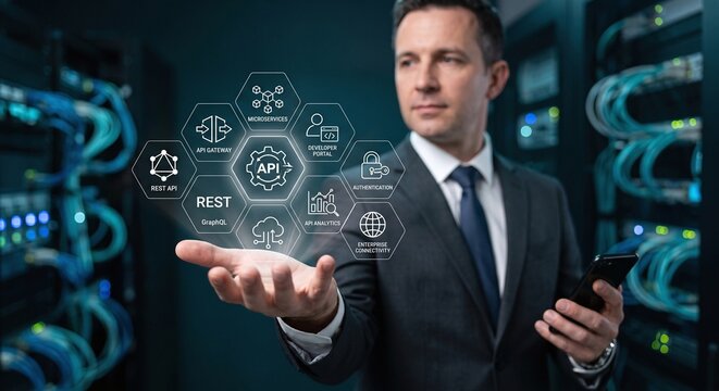 Software engineering executive holding a holographic API management and microservices dashboard.