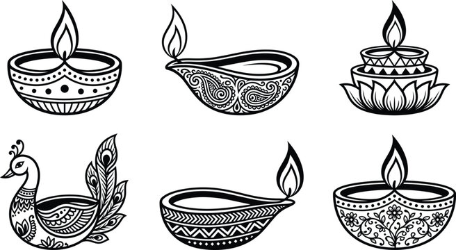 Diwali traditional Indian lamps and peacock designs