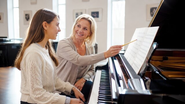Piano teacher instructing teenage student at a grand piano in a bright music studio, smiling and pointing at sheet music with a pencil