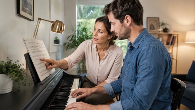 Woman giving a piano lesson to a man at home, pointing to sheet music while he plays on an upright digital piano