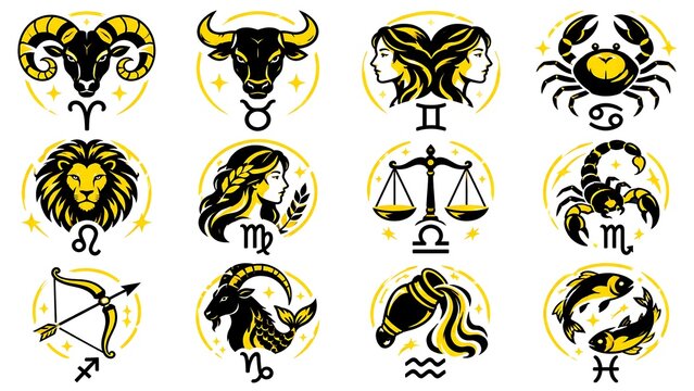 Black and yellow zodiac signs and symbols icon set vector illustration