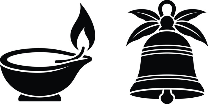 Diwali festival icons, lamp and bell