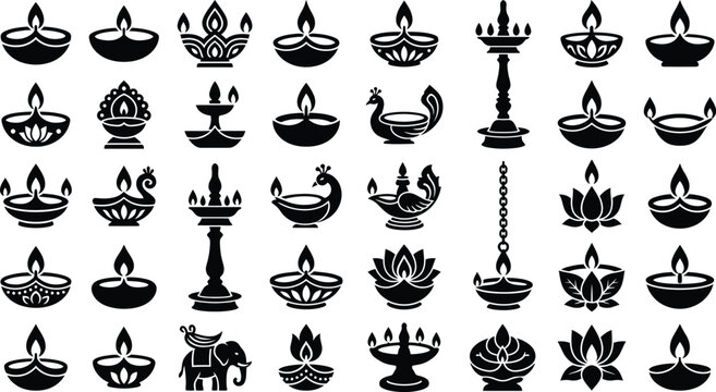 Diwali lamp icons with various designs and styles