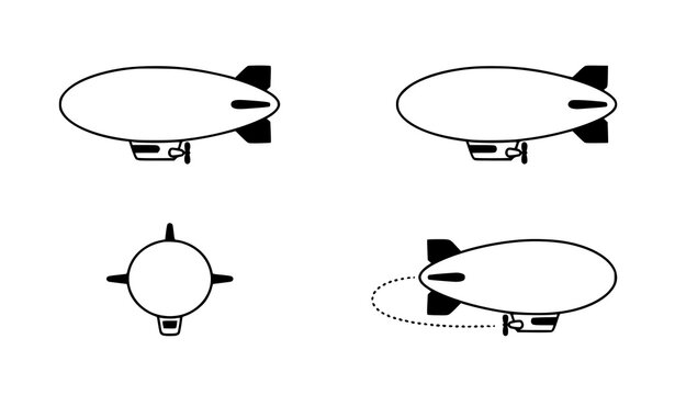 Flat vector blimp icon set with minimalist white helium airship silhouettes for travel infographic and web design