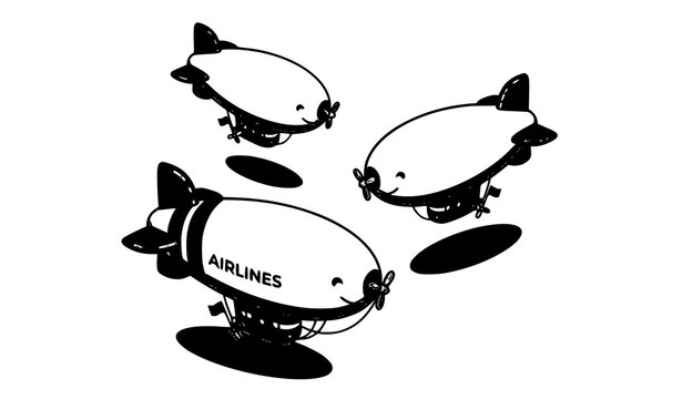 Isometric cartoon blimp vector illustration with cute white airship characters and colorful fins for kids graphics