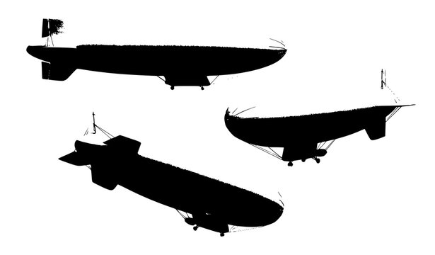 Realistic 3D white blimp vector set with blank helium airship mockup and passenger gondola for aviation branding
