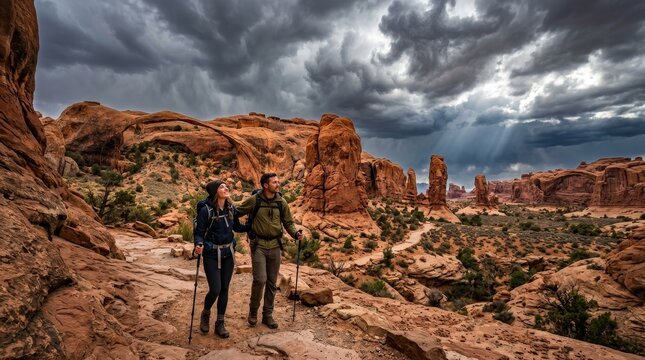 Explorers Hiking Through Dramatic Canyon Landscape.