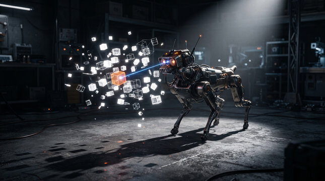 Robotic quadruped uses laser to interact with floating digital cubes in workshop