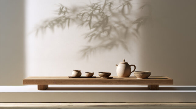 Minimalist Japanese tea set on a wooden table with bamboo shadow on the wall