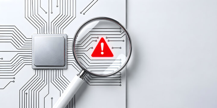 Cybersecurity threat analysis concept showing magnifying glass focusing on red warning alert icon over digital circuit board