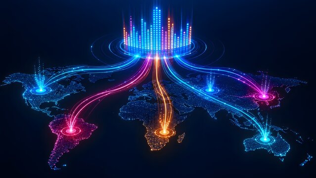 Futuristic global network connection concept with glowing fiber optic lines linking continents to central digital data hub on world map