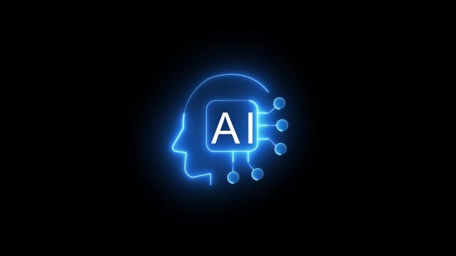 Glowing blue neon artificial intelligence head profile icon with microchip and neural circuit nodes for AI brain, machine learning, smart tech, cybernetic brain