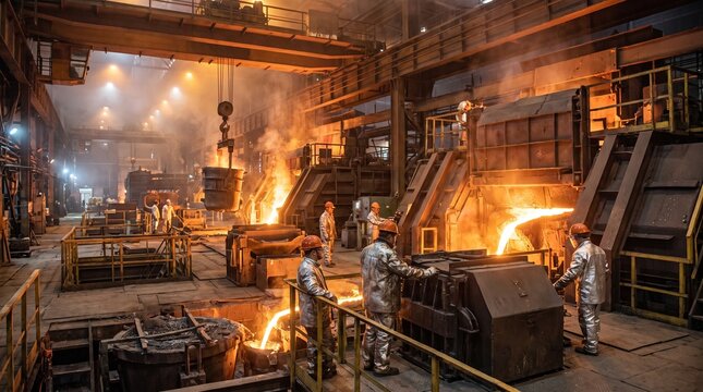 Molten Metal Casting: Workers in a high-temperature foundry pour glowing molten metal into molds, surrounded by intense heat and industrial machinery.
