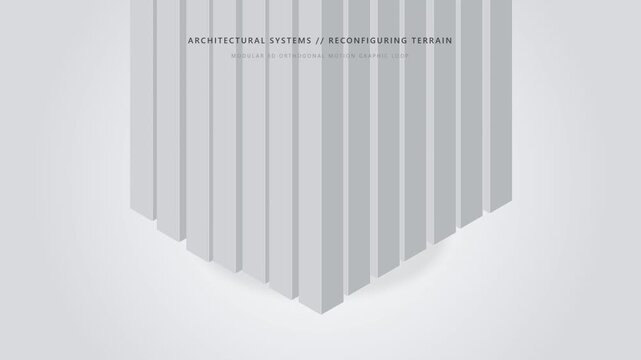 Minimalist architectural systems concept video, 3D white geometric columns structure, modern grey abstract background animation for corporate presentations