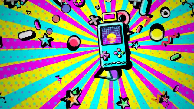 Retro pop art animation with a vintage handheld game console surrounded by floating geometric shapes stars and quirky elements on a colorful sunburst background