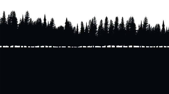 A silhouette of coniferous trees and a dashed line against a gradient background forest woodland evergreen pine spruce fir landscape scenic outdoor nature black white