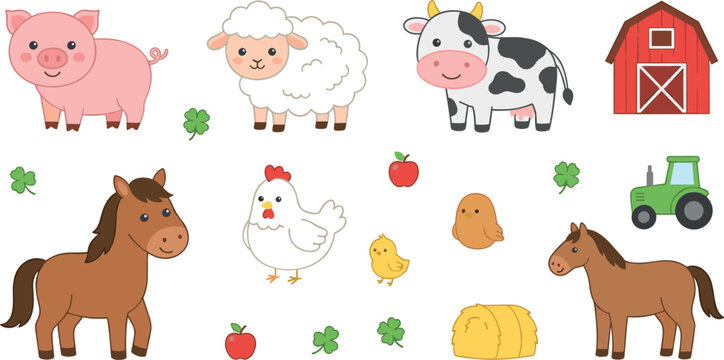 Cute Barnyard Farm Animal Vector Illustration Set with Cow Pig Sheep Horse Chicken Red Barn and Tractor Icons for Kids Educational Book Designs