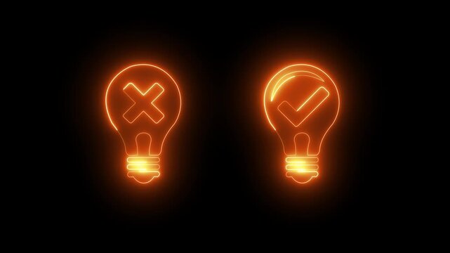 Glowing orange neon light bulb set icon featuring cross mark for bad idea and check mark for correct solution, decision making, true false concept, innovation test