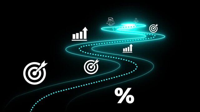 Strategic Roadmap: A luminous, winding path toward a bullseye target and artificial intelligence, illustrating the key milestones and technological advancements, showcasing a digital journey