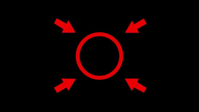 Red circular target focus icon with inward arrows for center alignment, minimize window, shrink frame, concentration point